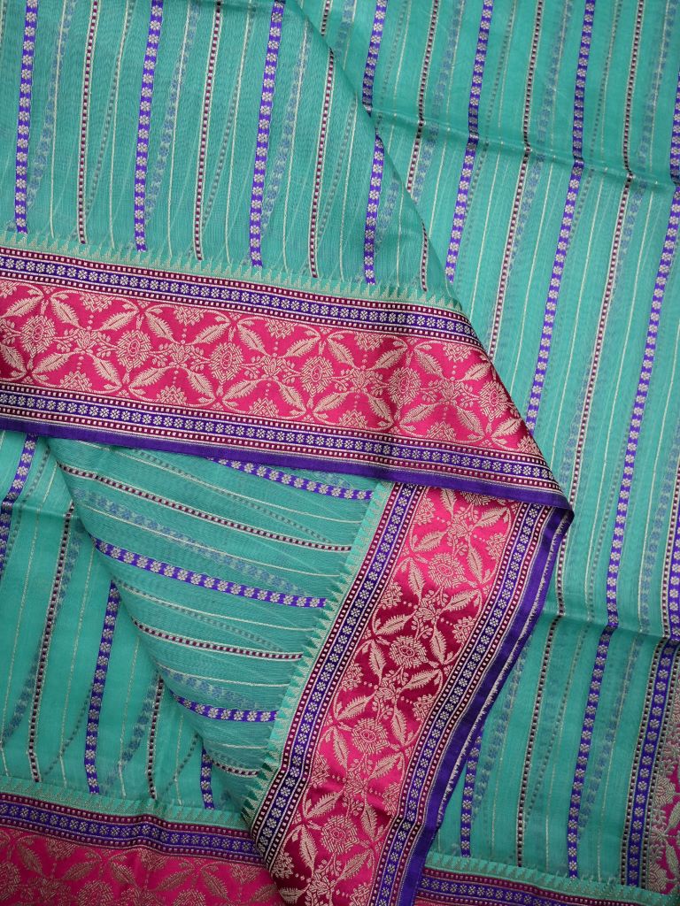 Chanderi fancy saree cyan blue color allover zari stripes & zari border with brocade pallu and attached blouse