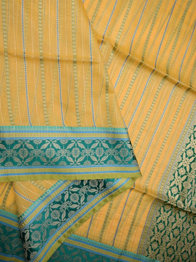 Chanderi fancy saree golden yellow color allover zari stripes & zari border with brocade pallu and attached blouse