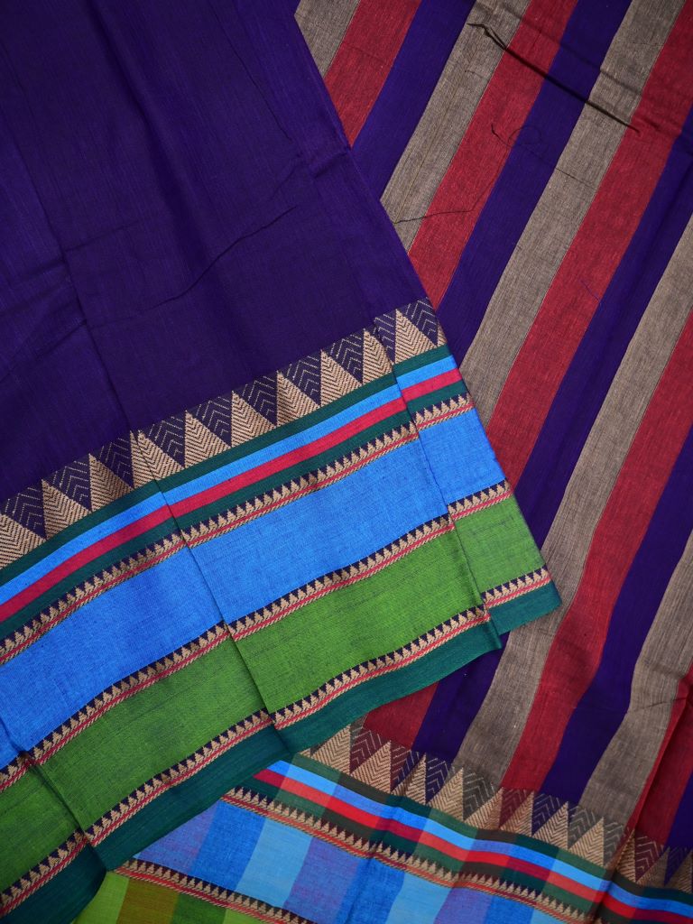 Narayanpet cotton saree navy blue color allover plain & temple border with striped pallu and self blouse