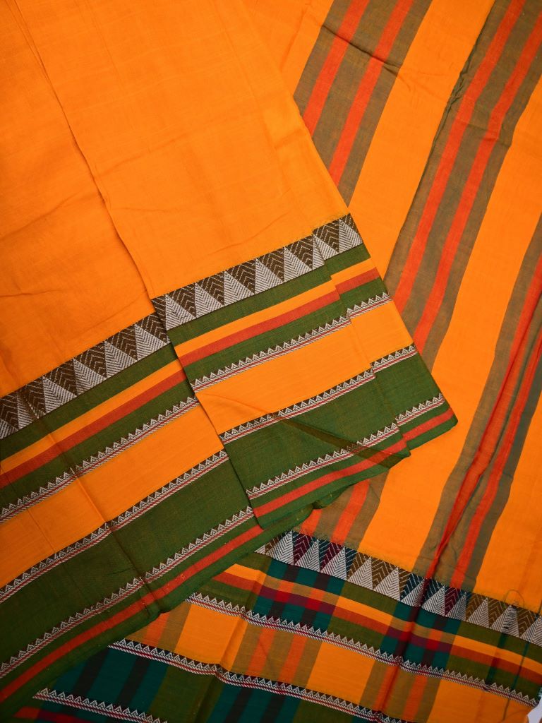 Narayanpet cotton saree golden yellow color allover plain & temple border with striped pallu and self blouse