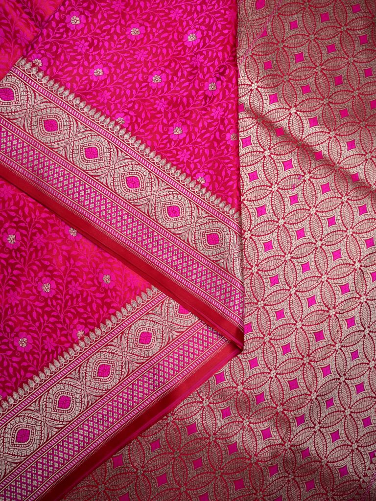 Banaras pattu saree pink color allover weaves & zari boder with rich pallu and attached plain blouse