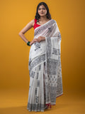 Mul cotton saree white color allover prints & printed border with printed pallu and plain contrast blouse