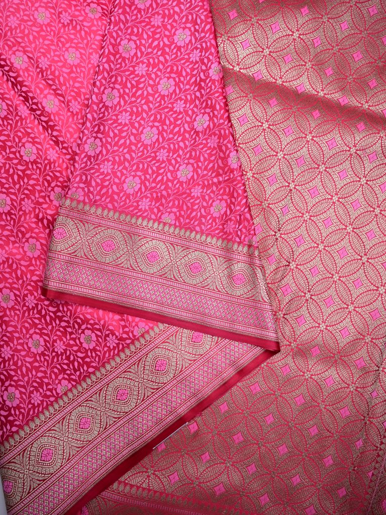 Banaras pattu saree baby pink color allover weaves & zari boder with rich pallu and attached plain blouse