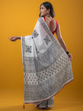 Mul cotton saree white color allover prints & printed border with printed pallu and plain contrast blouse