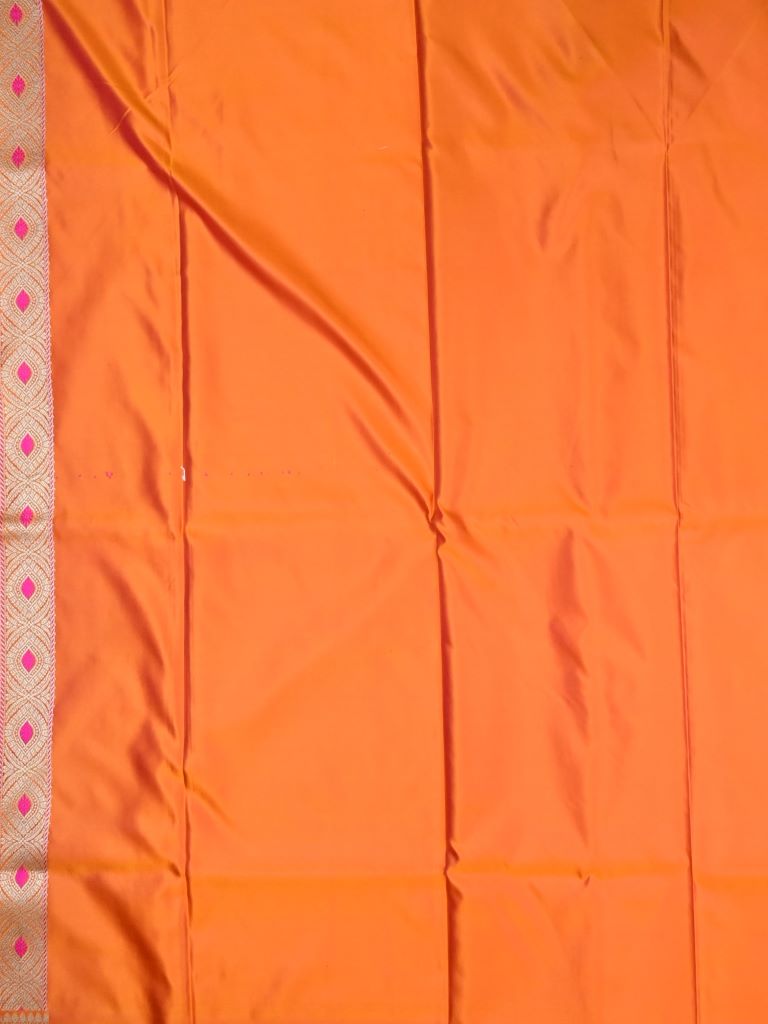 Banaras pattu saree orange color allover weaves & zari boder with rich pallu and attached plain blouse