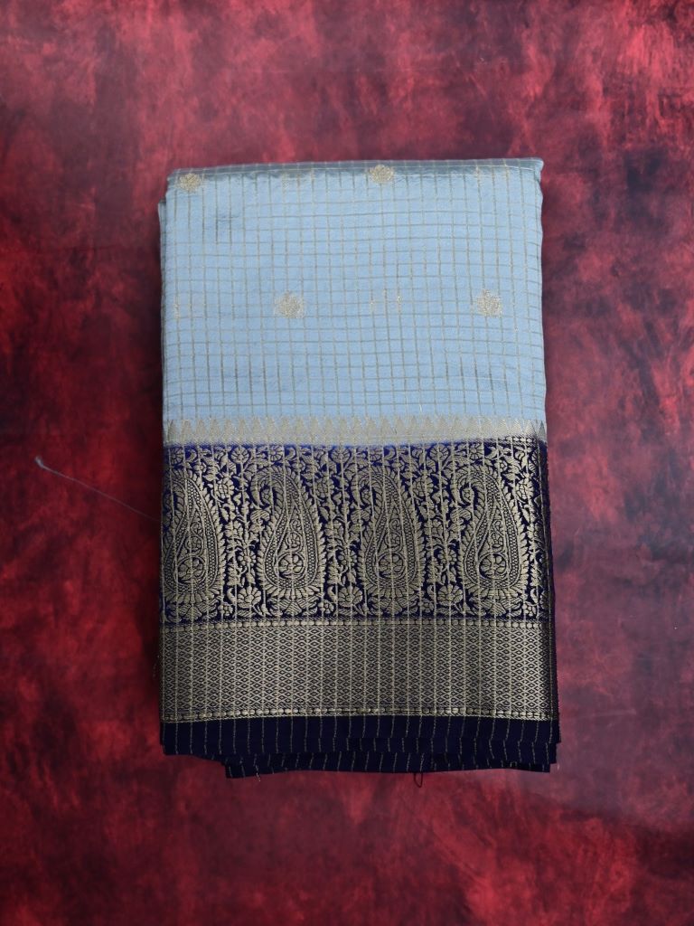 Banaras fancy saree sea blue color allover zari checks and motifs & zari border with short pallu and contrast blouse