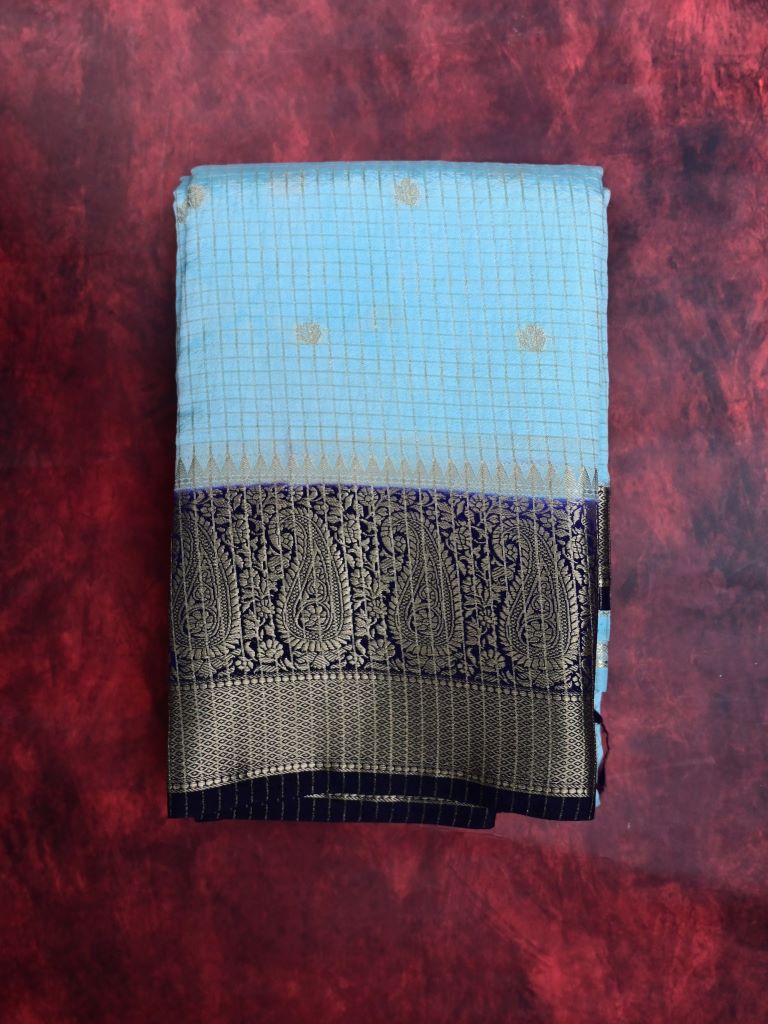 Banaras fancy saree sky blue color allover zari checks and motifs & zari border with short pallu and contrast blouse