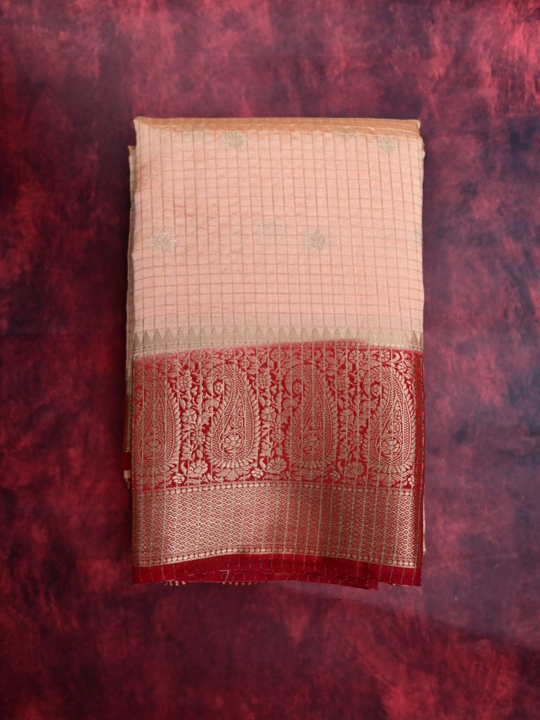 Banaras fancy saree peach color allover zari checks and motifs & zari border with short pallu and contrast blouse