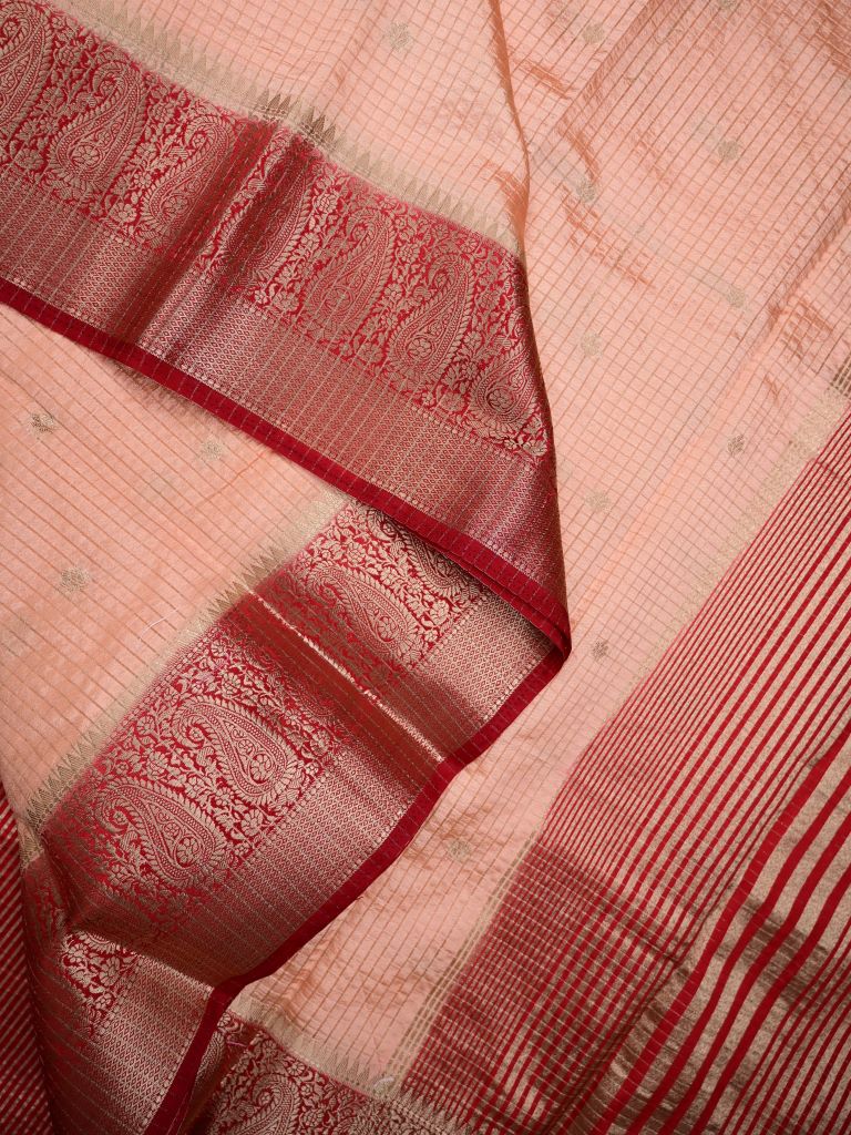 Banaras fancy saree peach color allover zari checks and motifs & zari border with short pallu and contrast blouse