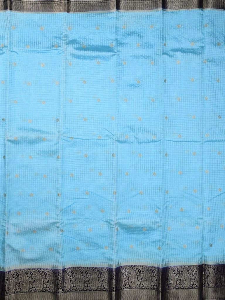 Banaras fancy saree sky blue color allover zari checks and motifs & zari border with short pallu and contrast blouse