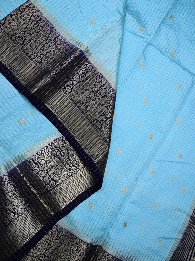 Banaras fancy saree sky blue color allover zari checks and motifs & zari border with short pallu and contrast blouse