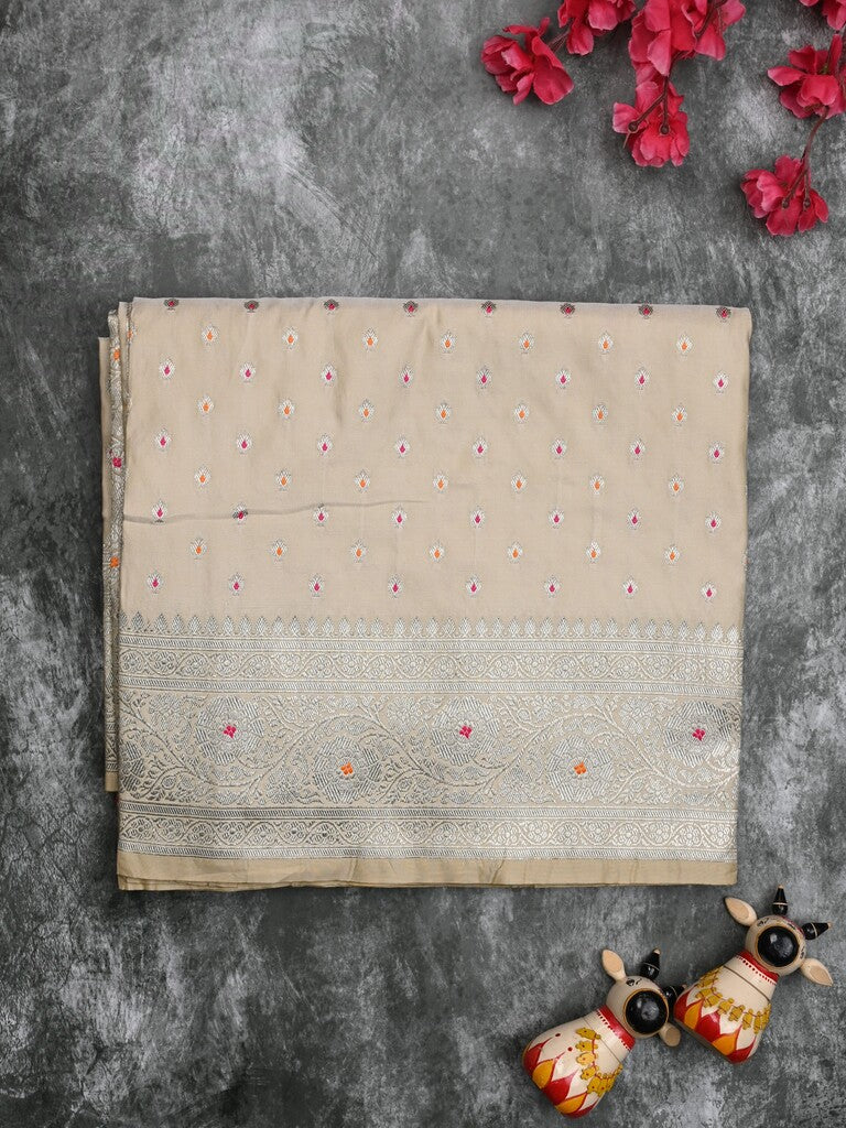 Banaras pattu saree cream color allover zari motifs & zari border with rich pallu and attached plain blouse