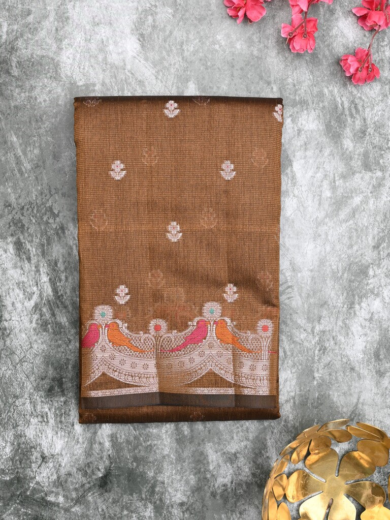 Chanderi jute fancy saree brown color allover zari motifs & zari border with brocade pallu and brocade blouse