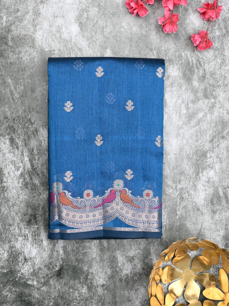 Chanderi jute fancy saree royal blue color allover zari motifs & zari border with brocade pallu and brocade blouse