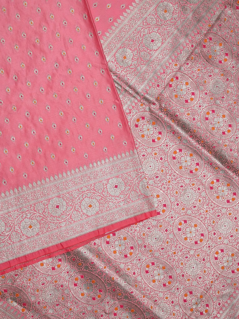 Banaras pattu saree light pink color allover zari motifs & zari border with rich pallu and attached plain blouse