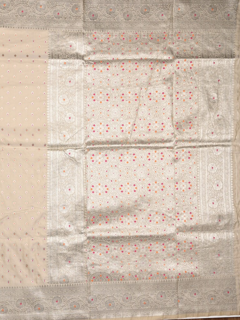 Banaras pattu saree cream color allover zari motifs & zari border with rich pallu and attached plain blouse