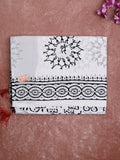 Mul cotton saree white color allover prints & printed border with printed pallu and plain contrast blouse
