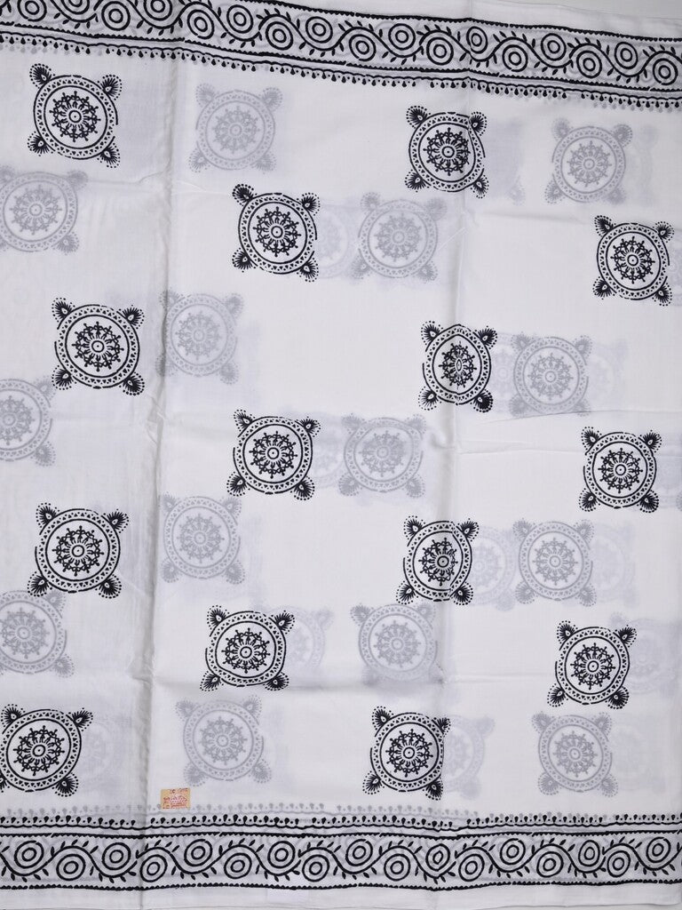 Mul cotton saree white color allover prints & printed border with printed pallu and plain contrast blouse