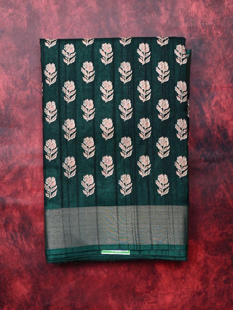 Fancy tussar saree green color with allover small flower motive prints, small zari kaddi border, short pallu and plain blouse