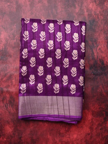 Fancy tussar saree purple color with allover small flower motive prints, small zari kaddi border, short pallu and plain blouse