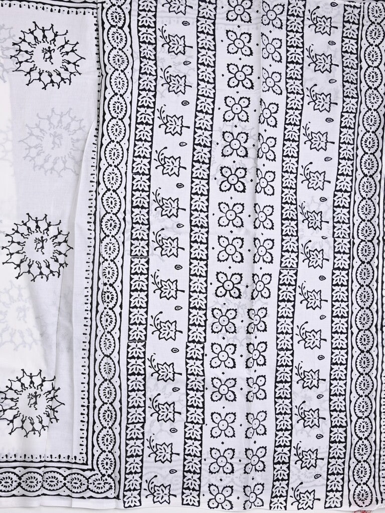 Mul cotton saree white color allover prints & printed border with printed pallu and plain contrast blouse