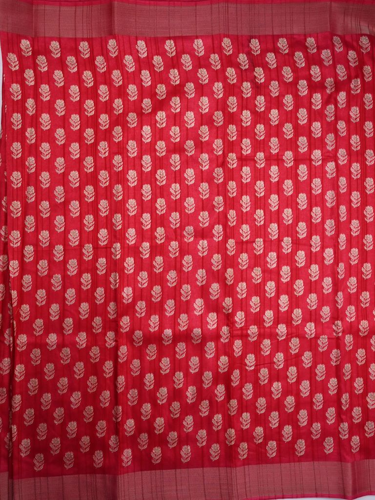 Fancy tussar saree pink color with allover small flower motive prints, small zari kaddi border, short pallu and plain blouse