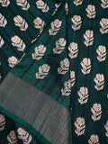 Fancy tussar saree green color with allover small flower motive prints, small zari kaddi border, short pallu and plain blouse