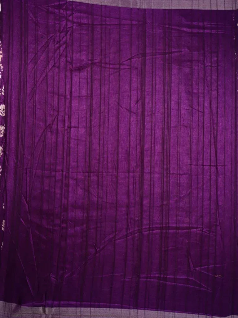 Fancy tussar saree purple color with allover small flower motive prints, small zari kaddi border, short pallu and plain blouse