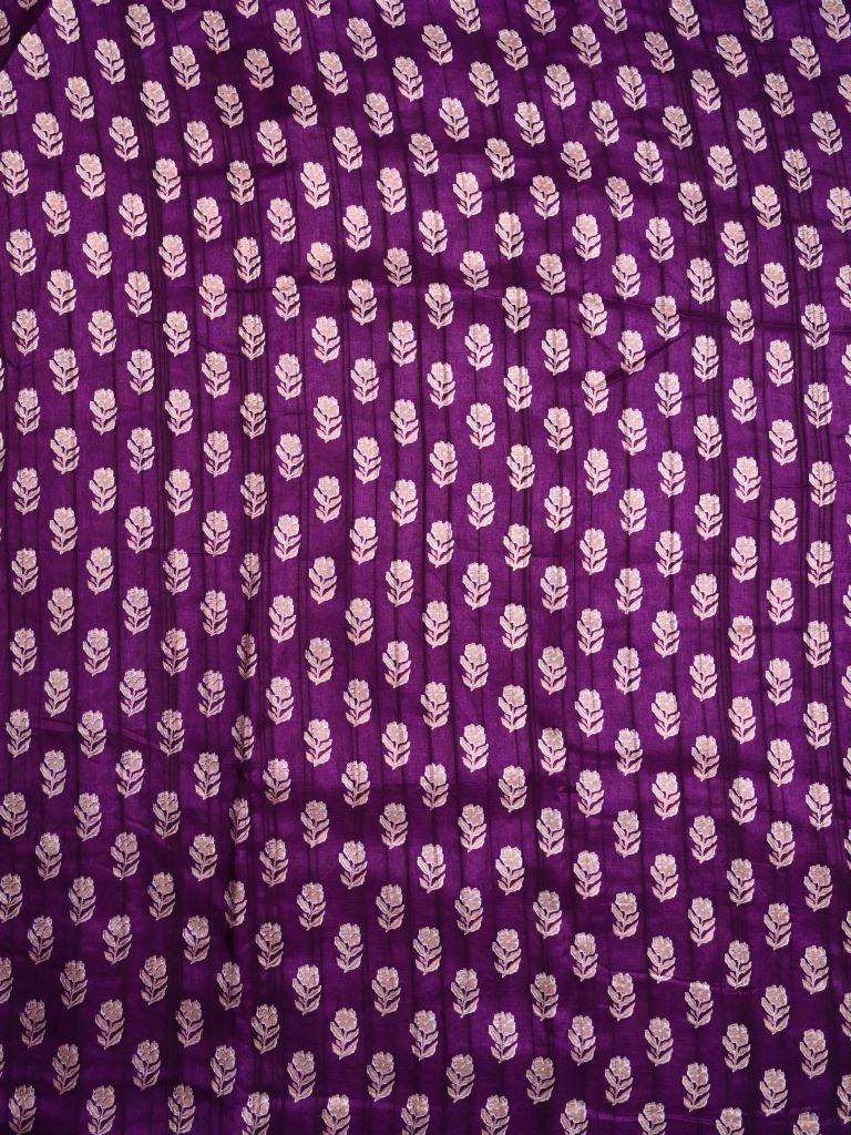 Fancy tussar saree purple color with allover small flower motive prints, small zari kaddi border, short pallu and plain blouse