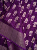 Fancy tussar saree purple color with allover small flower motive prints, small zari kaddi border, short pallu and plain blouse