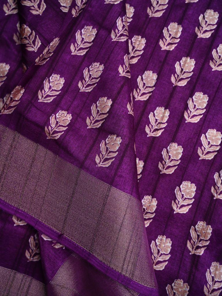 Fancy tussar saree purple color with allover small flower motive prints, small zari kaddi border, short pallu and plain blouse