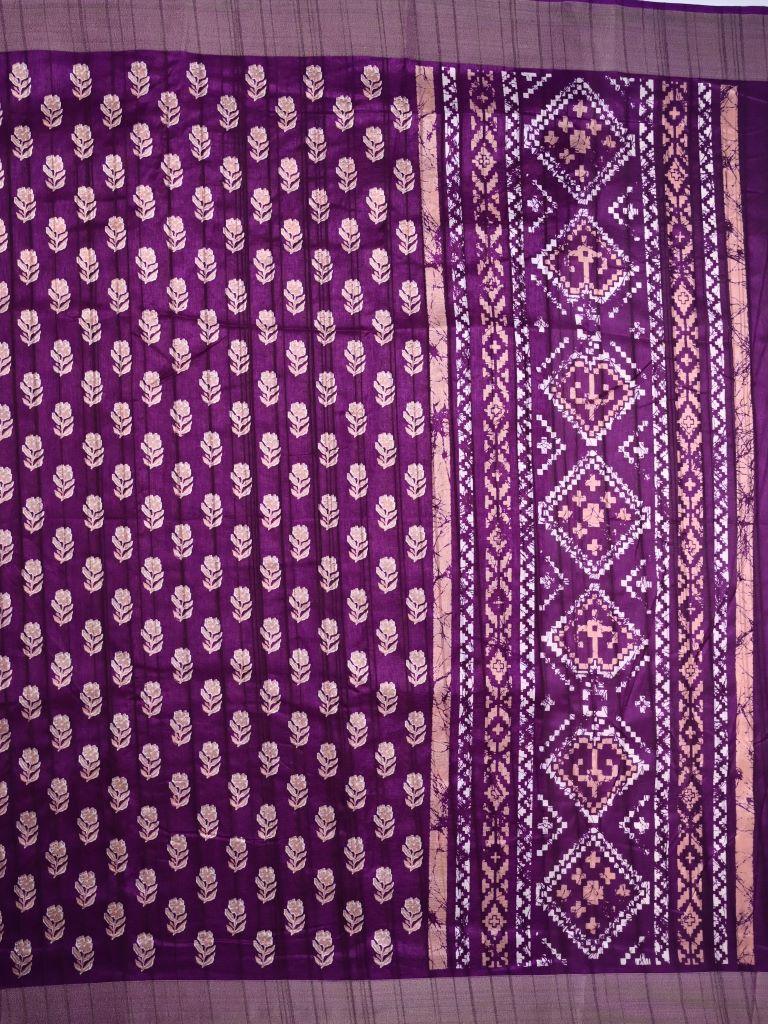 Fancy tussar saree purple color with allover small flower motive prints, small zari kaddi border, short pallu and plain blouse