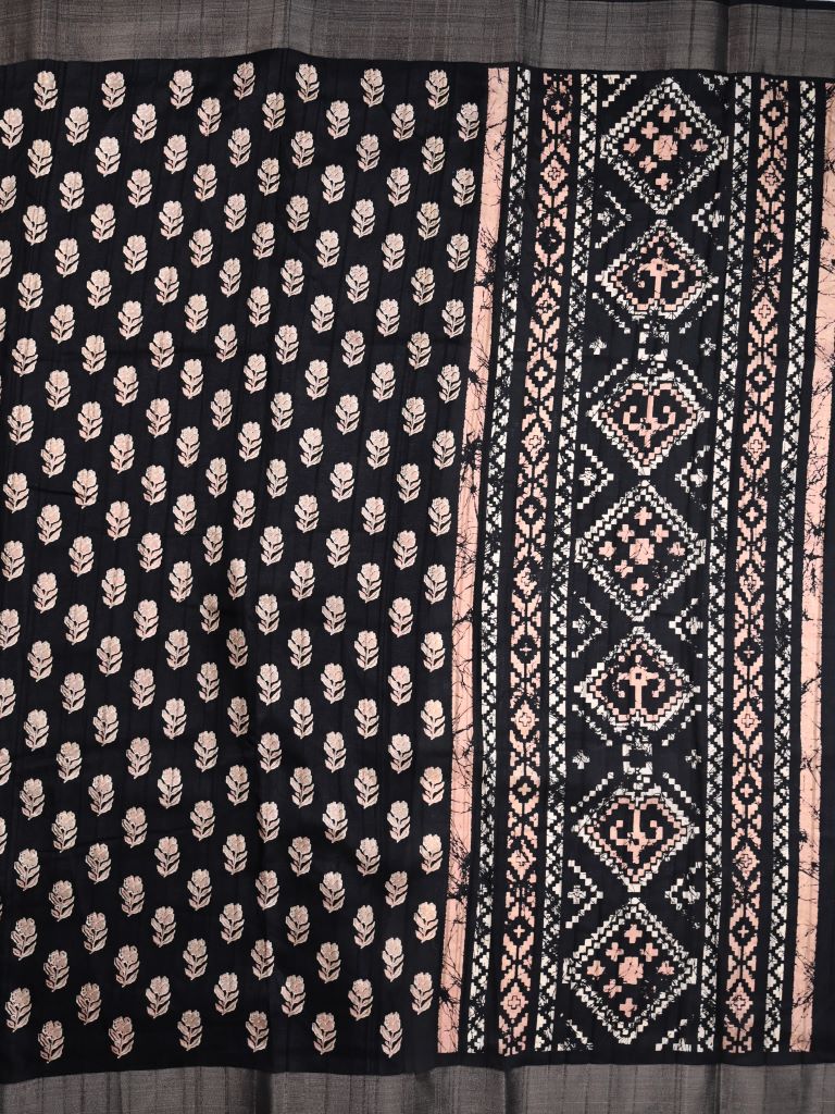 Fancy tussar saree black color with allover small flower motive prints, small zari kaddi border, short pallu and plain blouse