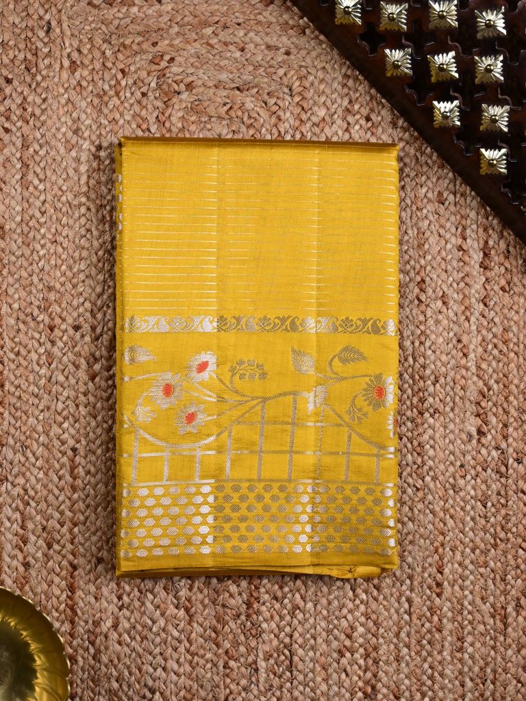 Raw mango pattu saree golden yellow color allover zari stripes & zari border with brocade pallu and brocade blouse