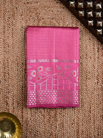 Raw mango pattu saree rose pink color allover zari stripes & zari border with brocade pallu and brocade blouse