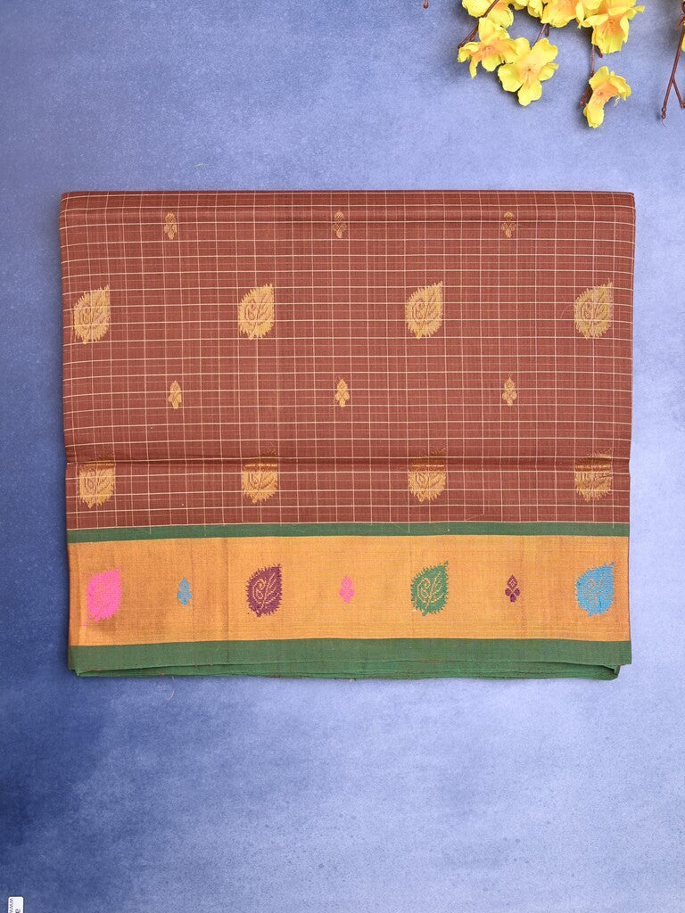 Venkatagiri cotton saree brown color allover motifs & small zari border with zari stripes pallu