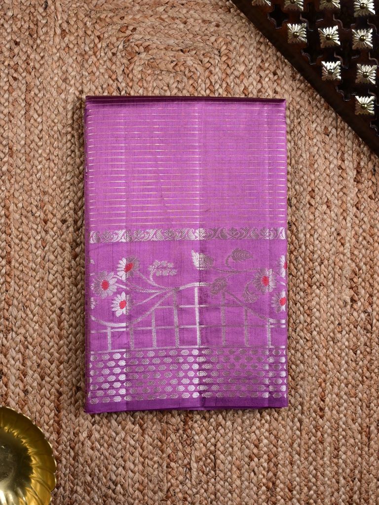 Raw mango pattu saree lavender color allover zari stripes & zari border with brocade pallu and brocade blouse