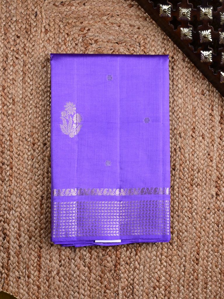 Raw mango pattu saree lavender color allover zari motifs & zari border with short pallu and brocade blouse