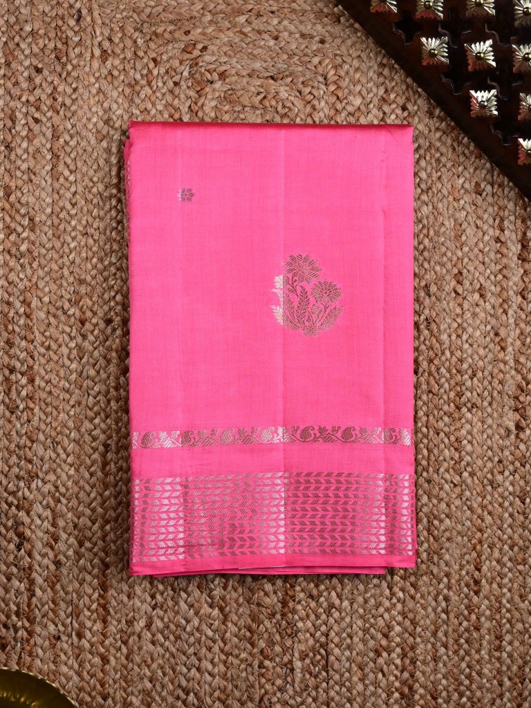 Raw mango pattu saree baby pink color allover zari motifs & zari border with short pallu and brocade blouse