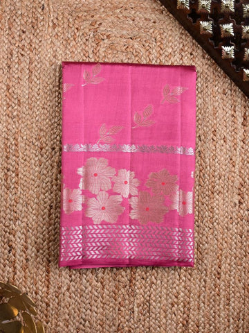 Raw mango pattu saree rose pink color allover zari weaves & zari border with short pallu and plain self blouse