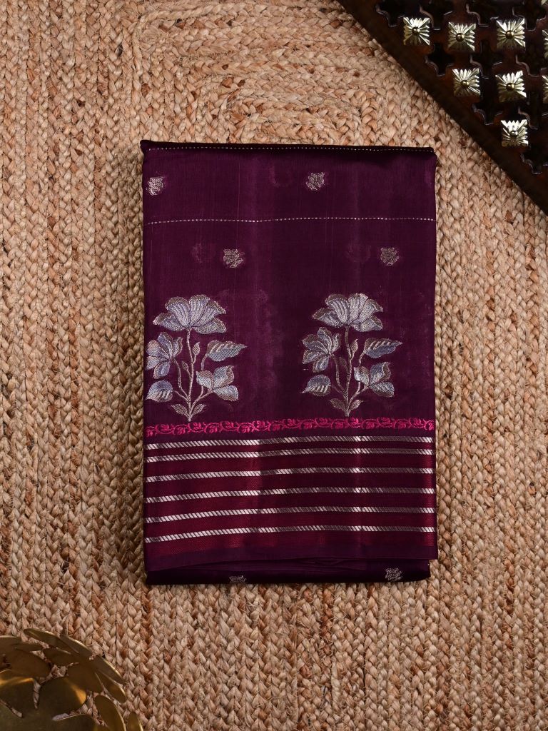 Raw mango pattu saree dark wine color allover stripes, zari motifs & zari border with rich pallu and contrast plain blouse