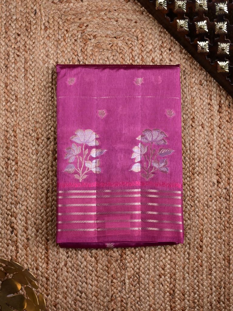 Raw mango pattu saree purple color allover stripes, zari motifs & zari border with rich pallu and contrast plain blouse