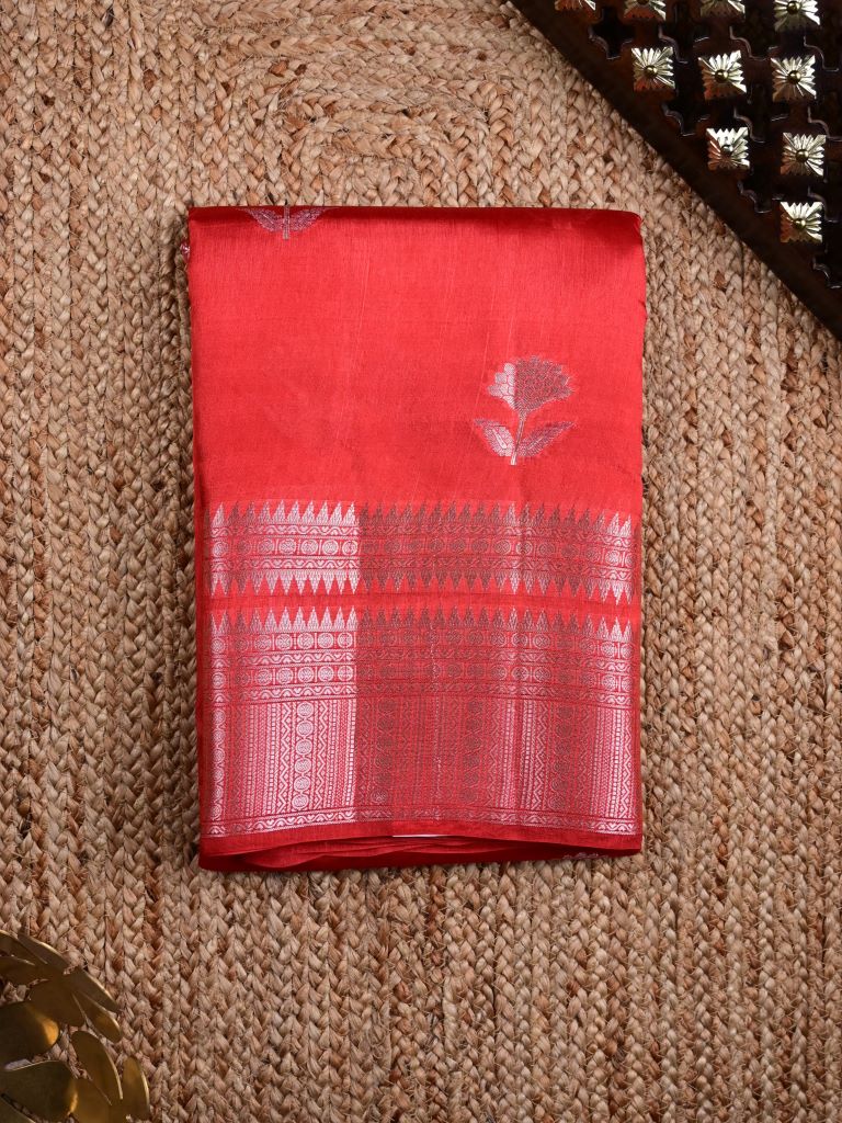 Raw mango pattu saree orange color allover zari motifs & zari border with rich pallu and contrast plain blouse