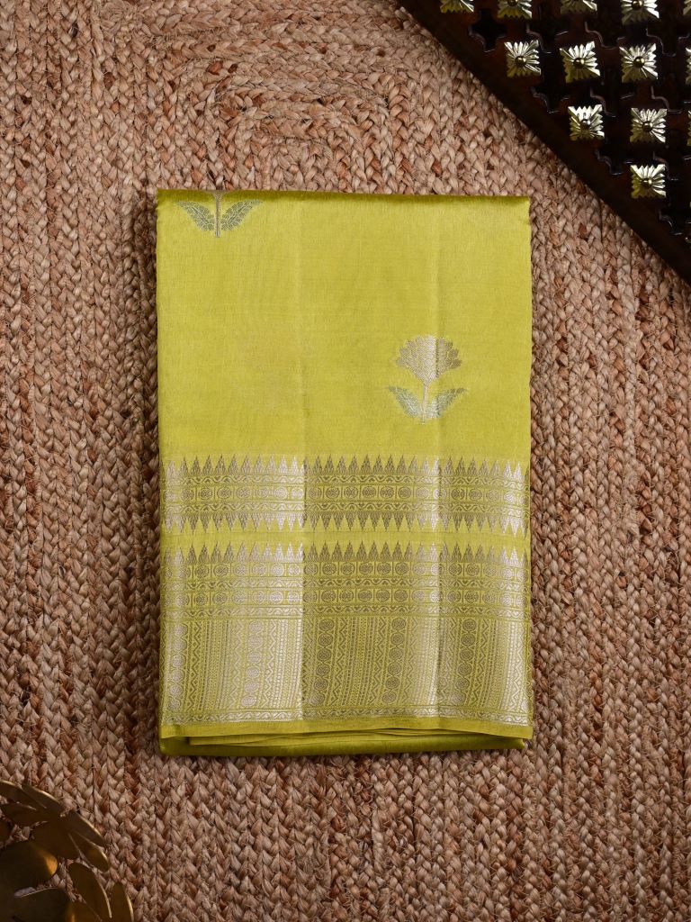 Raw mango pattu saree light yellow color allover zari motifs & zari border with rich pallu and contrast plain blouse