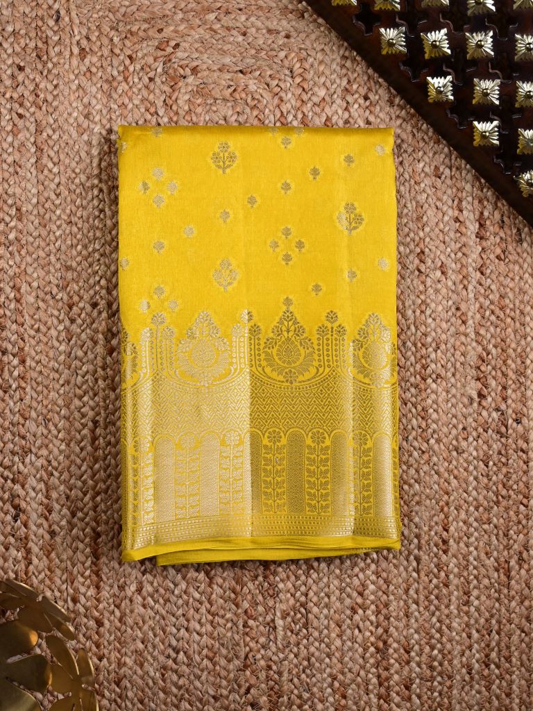 Raw mango pattu saree lemon yellow color allover zari motifs & zari border with rich pallu and contrast plain blouse