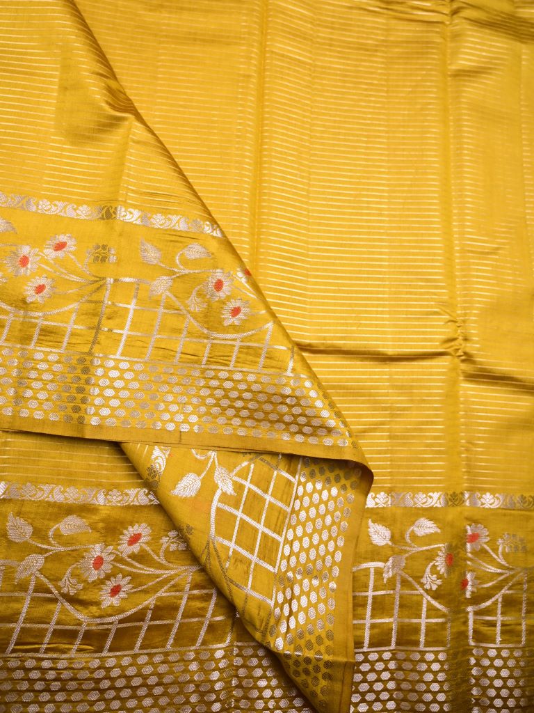 Raw mango pattu saree golden yellow color allover zari stripes & zari border with brocade pallu and brocade blouse