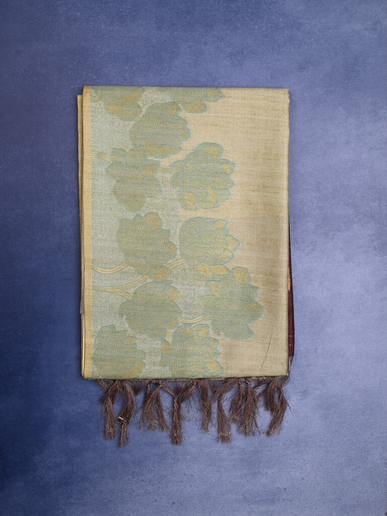 Tussar fancy saree light beige color allover plain & printed border with rich pallu and contrast blouse