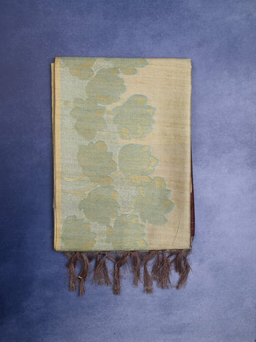 Tussar fancy saree light beige color allover plain & printed border with rich pallu and contrast blouse