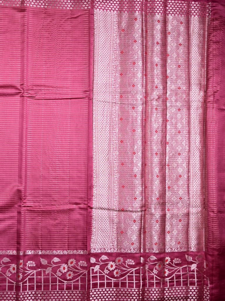 Raw mango pattu saree rose pink color allover zari stripes & zari border with brocade pallu and brocade blouse