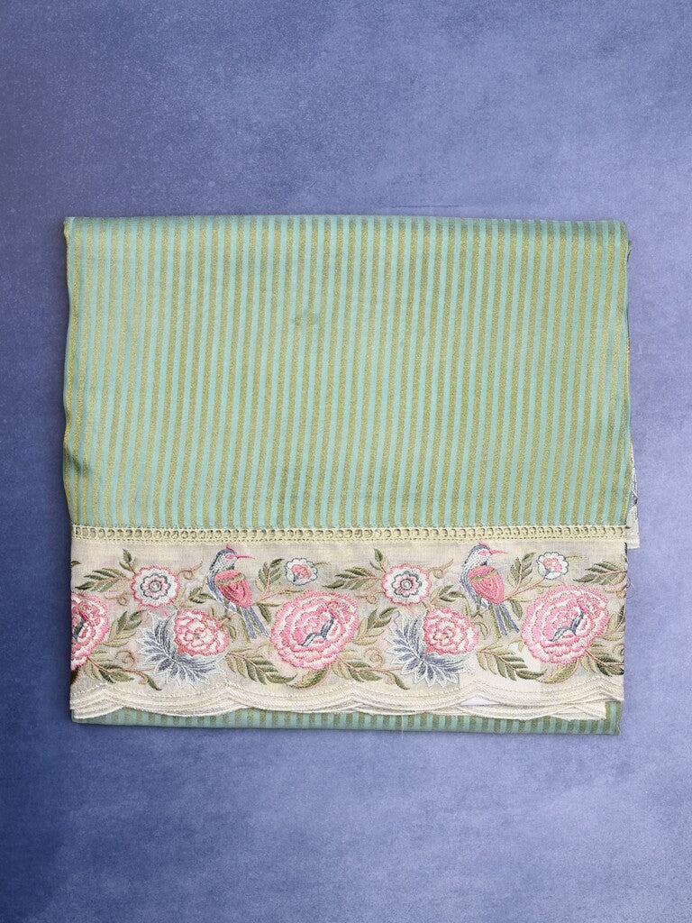 Dola tissue fancy saree lux green color allover stripes & designer fancy border with running pallu and embroidery blouse